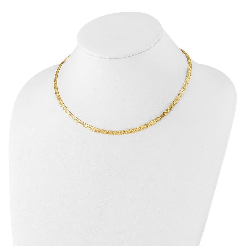 14K Yellow Gold Flat 4mm Fancy Diamond-cut Reversible to High Polished 17.25 Inch Omega Necklace