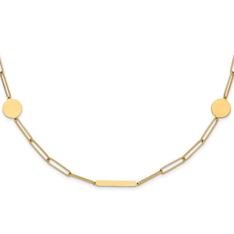 14K Yellow Gold Polished Paperclip Link with Circles and Bars 18 Inch Necklace