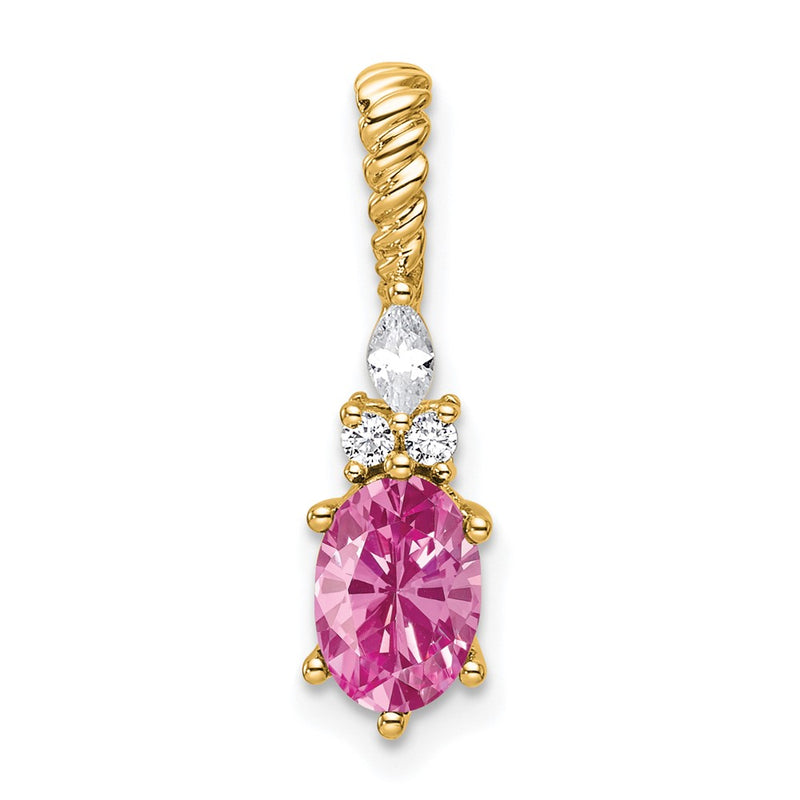 14K Yellow Gold Diamond and 7x5 Oval October/Lab Created Pink Sapphire Twisted Chain Slide