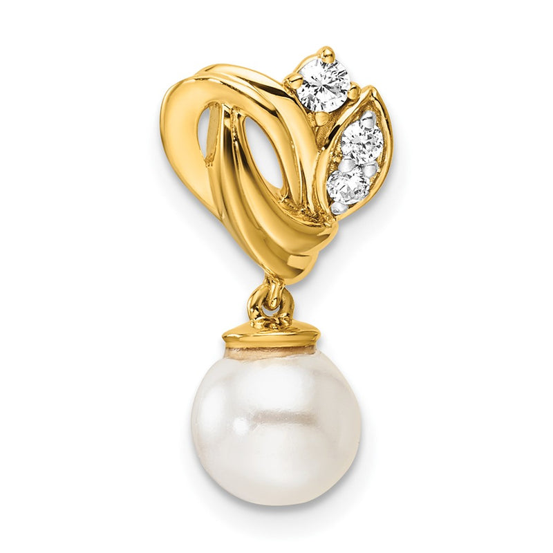 14K Yellow Gold Polished 1/10 carat Diamond and Freshwater Cultured Pearl Chain Slide