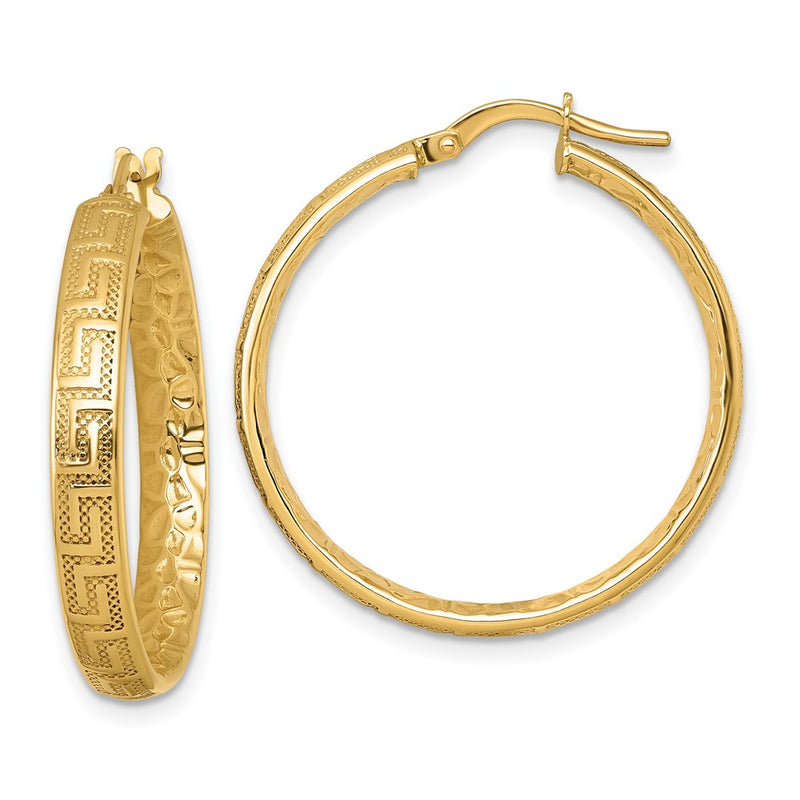 14K Yellow Gold Polished Greek Key Design Textured 4.00 x 28mm Tube Hoop Earrings