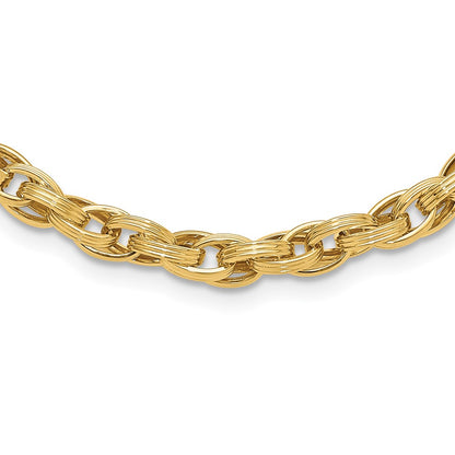 14K Yellow Gold Polished and Grooved 6mm Fancy Oval Link 18 Inch Necklace