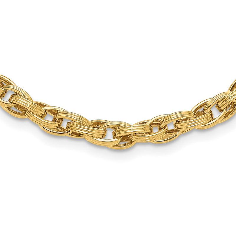 14K Yellow Gold Polished and Grooved 6mm Fancy Oval Link 18 Inch Necklace