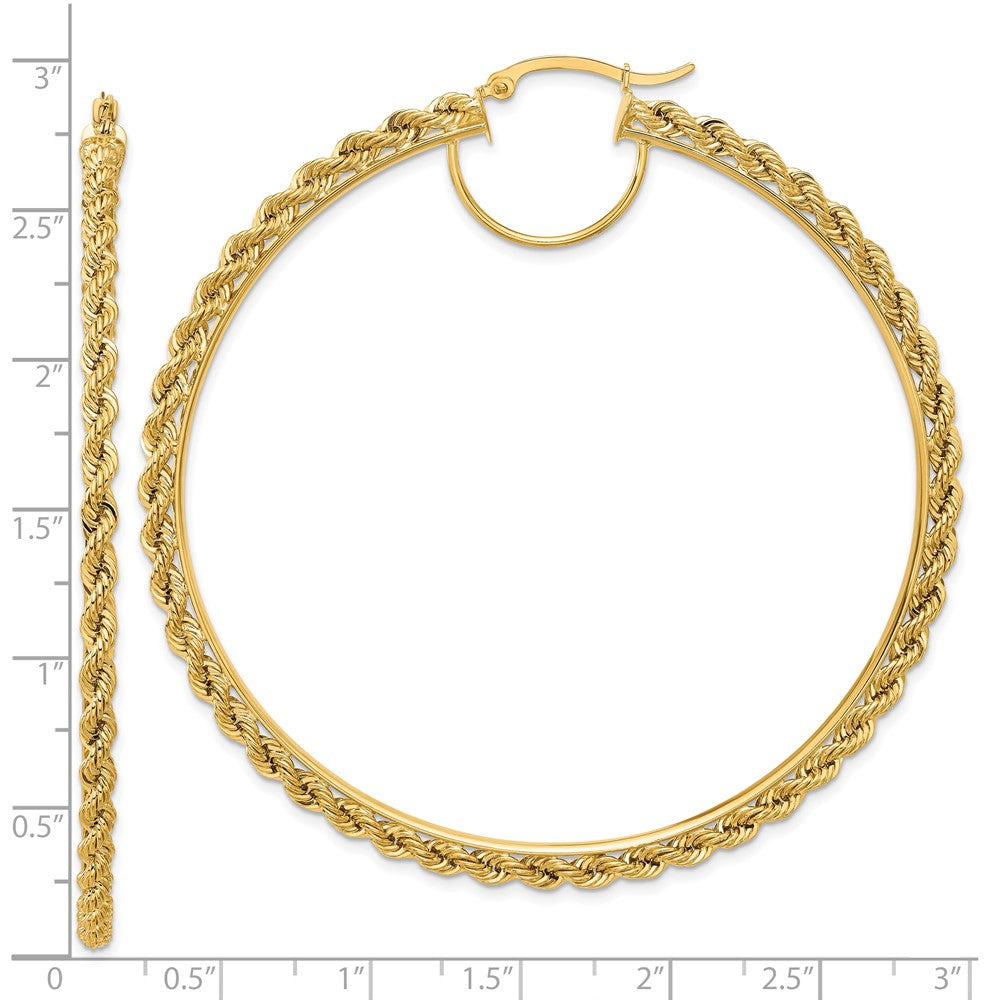 14K Yellow Gold Polished and D/C Rope 2.95mm Hoop Earrings