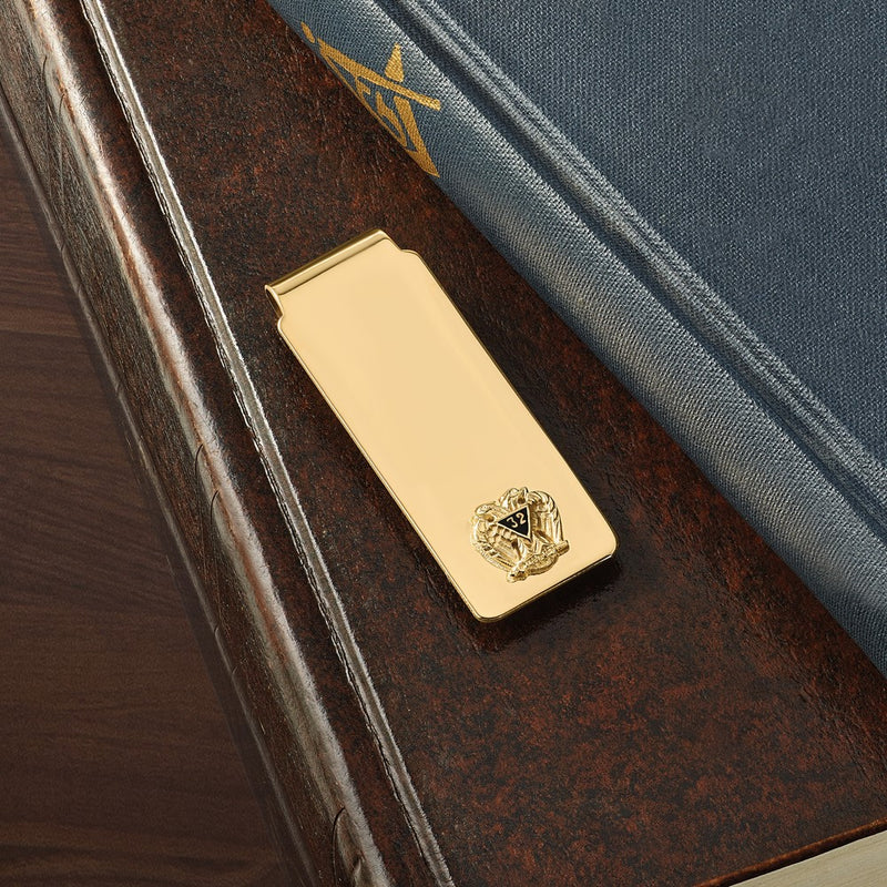 14K Yellow Gold Men's Polished and Textured with Black Enamel 32 Degree Scottish Rite Masonic Medium Money Clip
