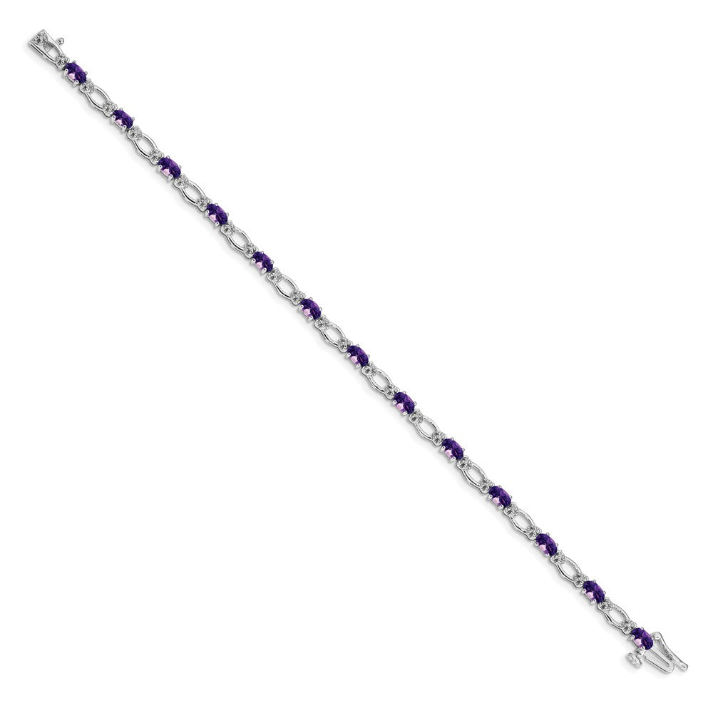 14K White Gold Complete Diamond and Oval Amethyst Heart Accent 7 Inch Bracelet