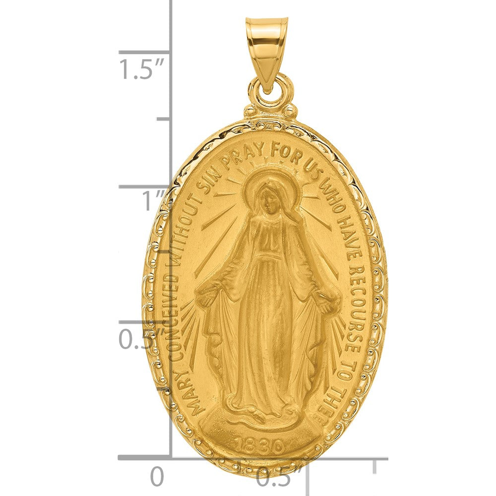 14K Yellow Gold Polished and Satin Solid Large Miraculous Medal Oval Pendant