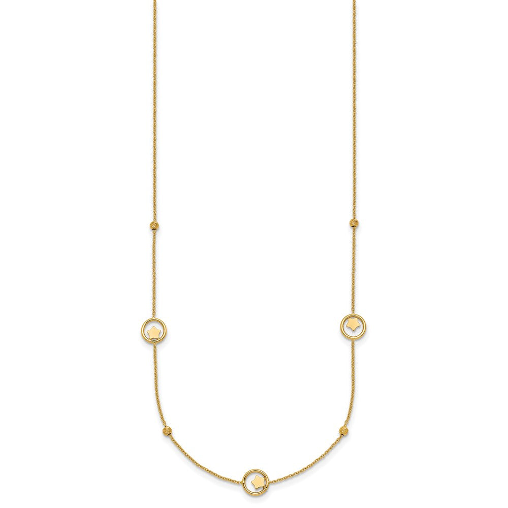 14K Yellow Gold Polished Stars in Circle with Diamond-cut Beads 7-Station 16.75 Inch Necklace