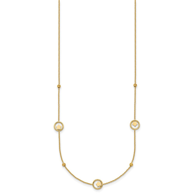 14K Yellow Gold Polished Stars in Circle with Diamond-cut Beads 7-Station 16.75 Inch Necklace