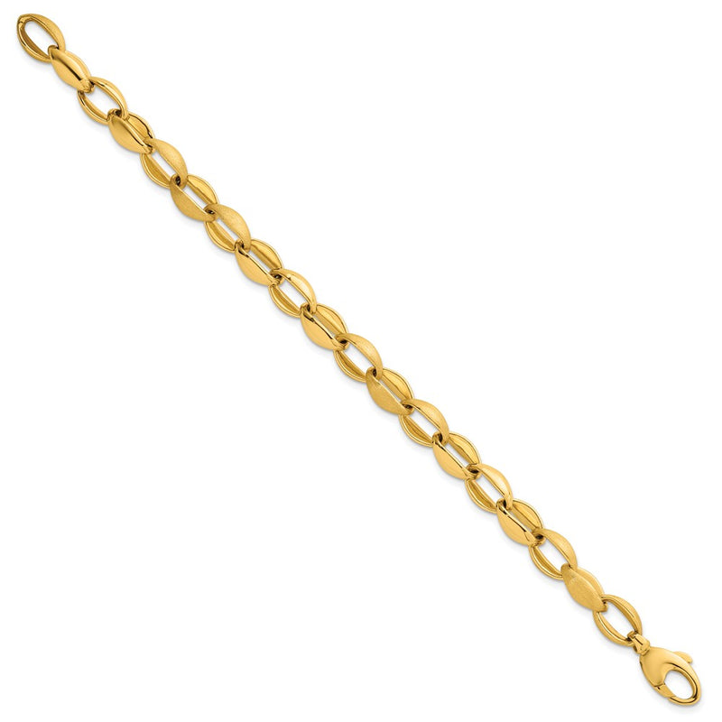 14K Yellow Gold Polished And Brushed 8.1mm Fancy Oval Cable Link 7.25 Inch Bracelet