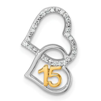 14K Two-Tone Gold Two-tone Polished 1/15 carat Diamond Quinceanera 15 Double Heart Chain Slide