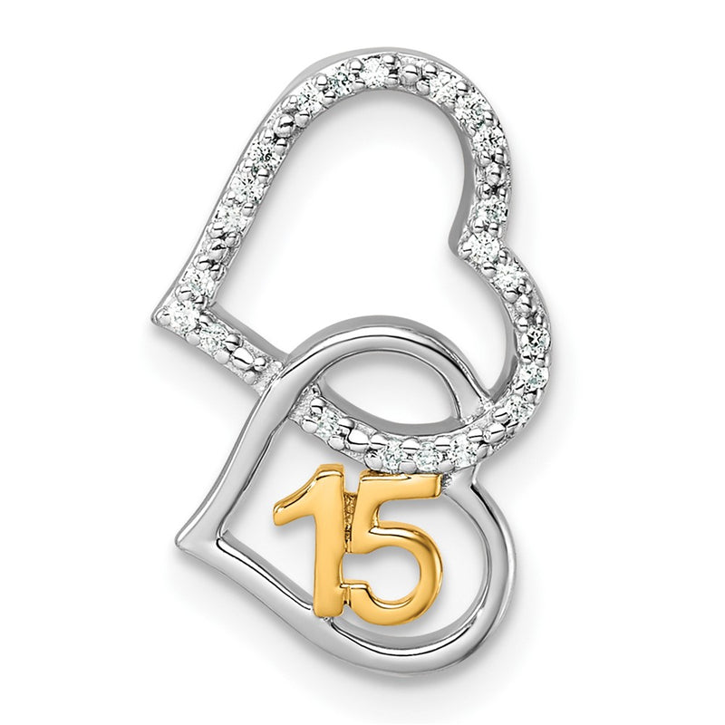 14K Two-Tone Gold Two-tone Polished 1/15 carat Diamond Quinceanera 15 Double Heart Chain Slide