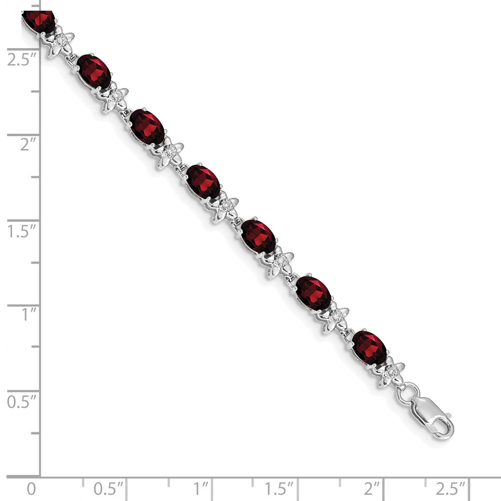 14K White Gold Complete Diamond and Oval Garnet Floral 7 Inch Bracelet