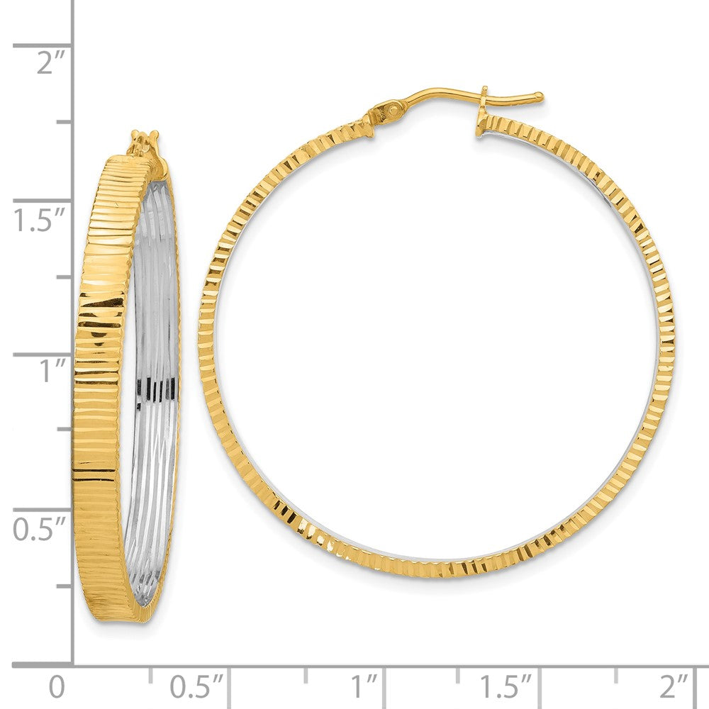 14K Yellow Gold Polished and Rhodium Diamond-cut Circle Hoop Earrings