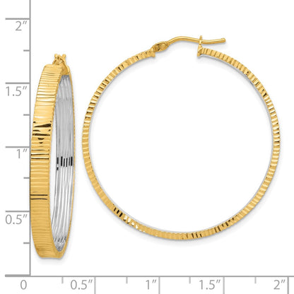 14K Yellow Gold Polished and Rhodium Diamond-cut Circle Hoop Earrings