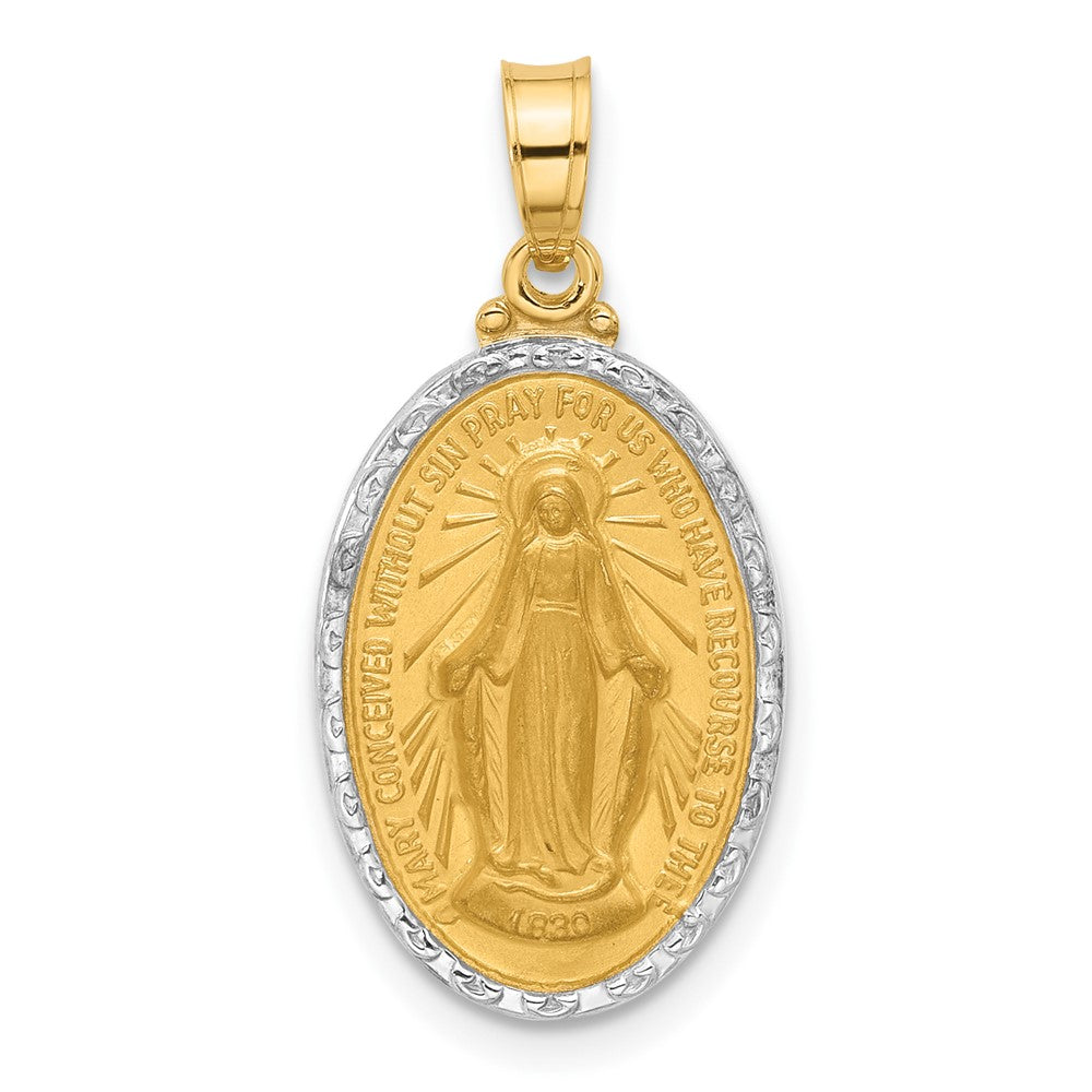 14K Yellow Gold and Rhodium Polished and Satin Solid Miraculous Medal Oval Pendant
