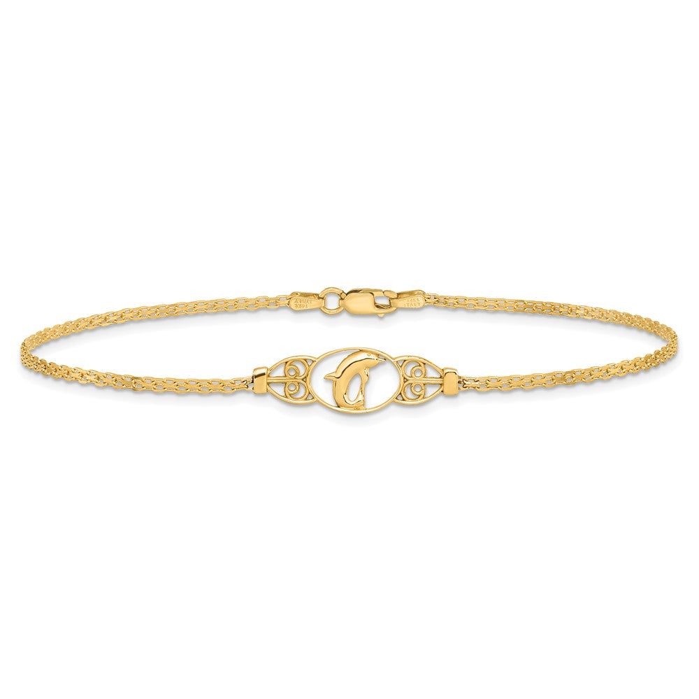 14K Yellow Gold Polished Dolphin and Filigree Bismark Chain Anklet