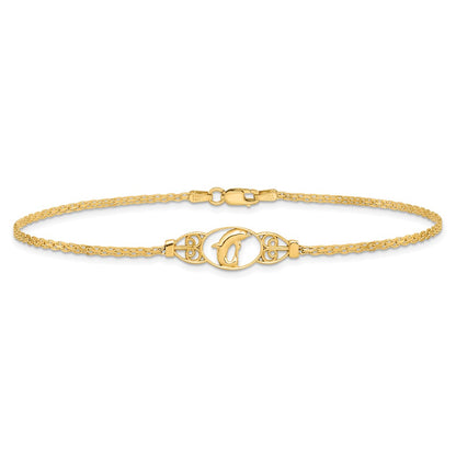 14K Yellow Gold Polished Dolphin and Filigree Bismark Chain Anklet