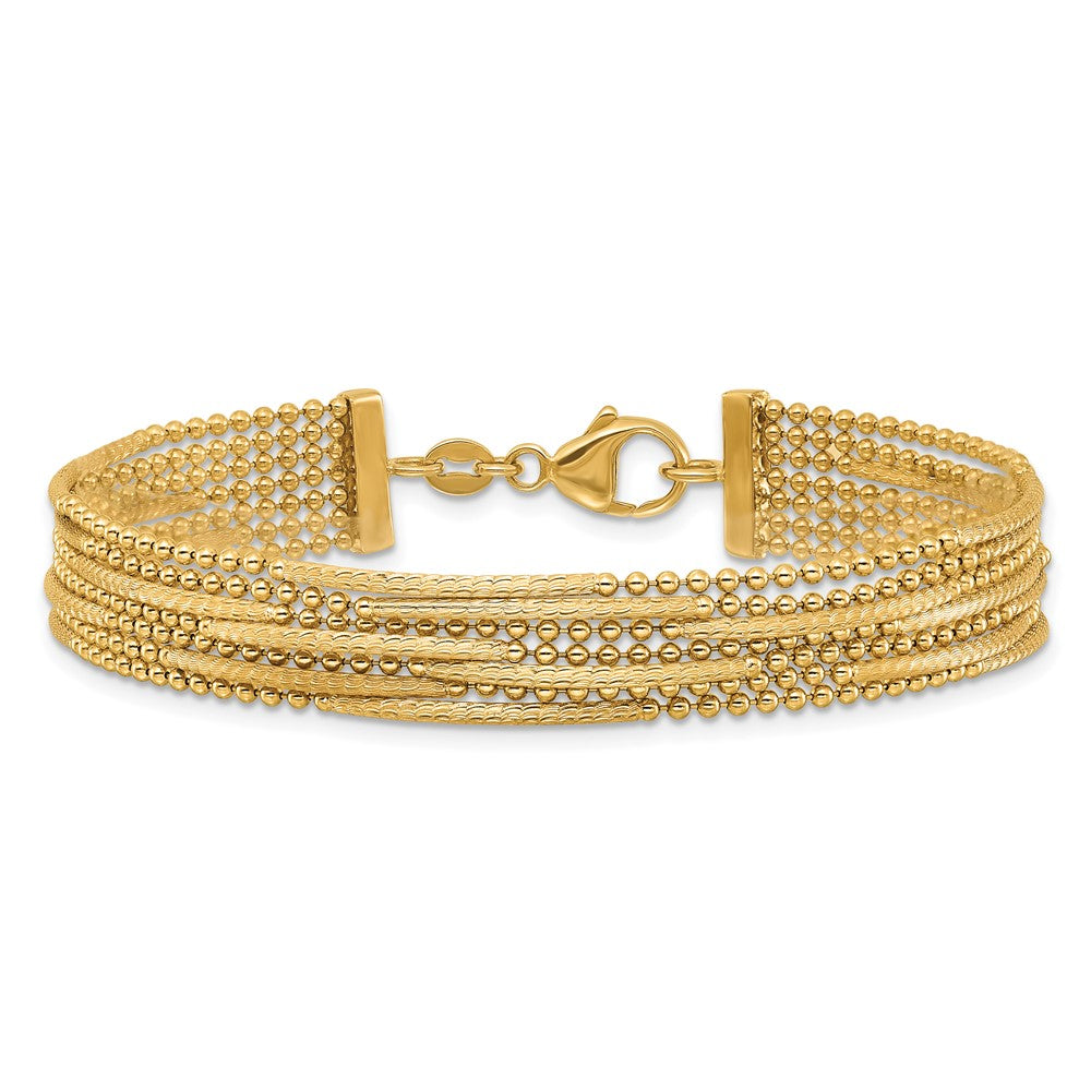 14K Yellow Gold Polished and Textured Multi Strand Beaded Chain Bracelet