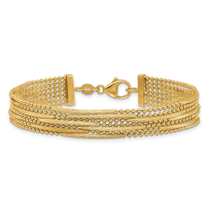 14K Yellow Gold Polished and Textured Multi Strand Beaded Chain Bracelet