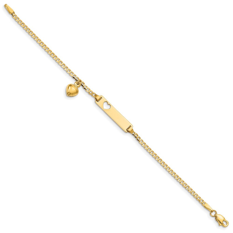 14K Yellow Gold Polished Solid Chain/Solid Plate Cut-out Heart with Heart Dangle Curb Link 21x5mm Plate 5.5 Inch Baby/Child ID Bracelet