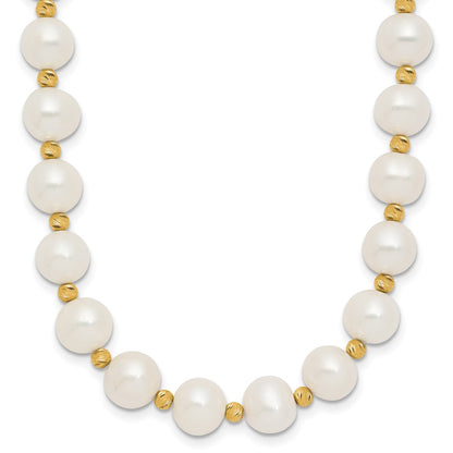 14K Yellow Gold 8-9mm Near-Round Freshwater Cultured Pearl and Diamond-cut Beaded 18 Inch Necklace