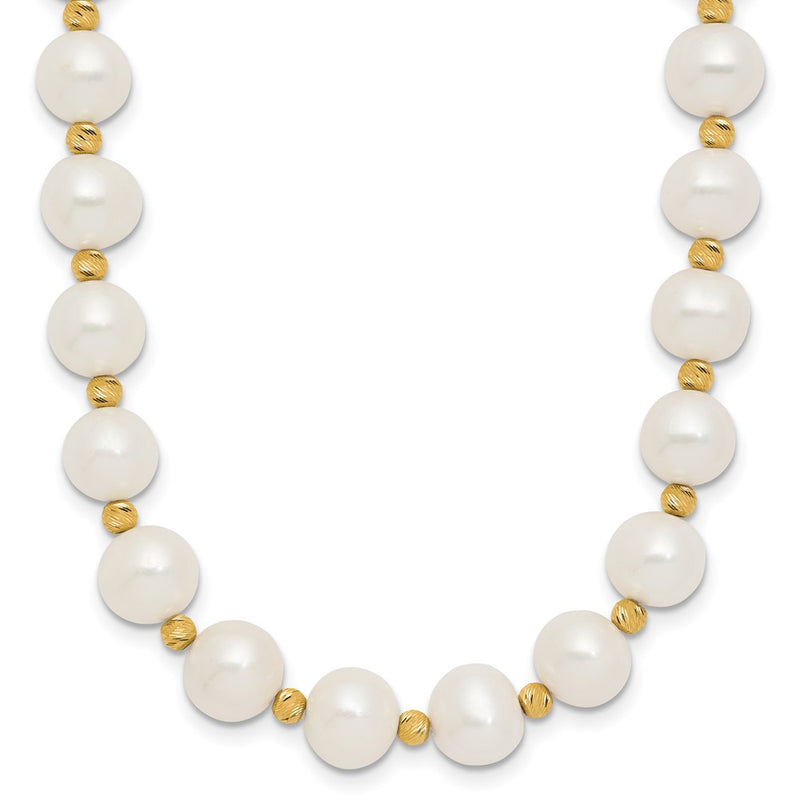 14K Yellow Gold 8-9mm Near-Round Freshwater Cultured Pearl and Diamond-cut Beaded 18 Inch Necklace