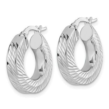14K Yellow Gold with Rhodium Polished and Diamond-cut 4.00mm x 18mm Square Tube Round Hoop Earrings
