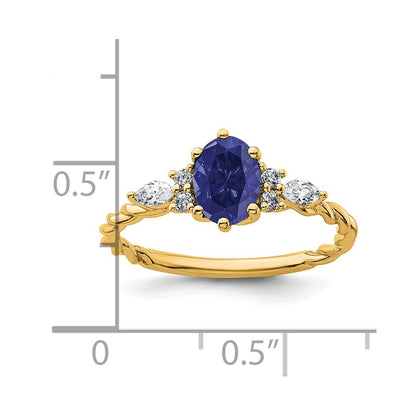 14K Yellow Gold Diamond and 7x5 Oval September/Lab Created Sapphire Size 7 Twisted Ring