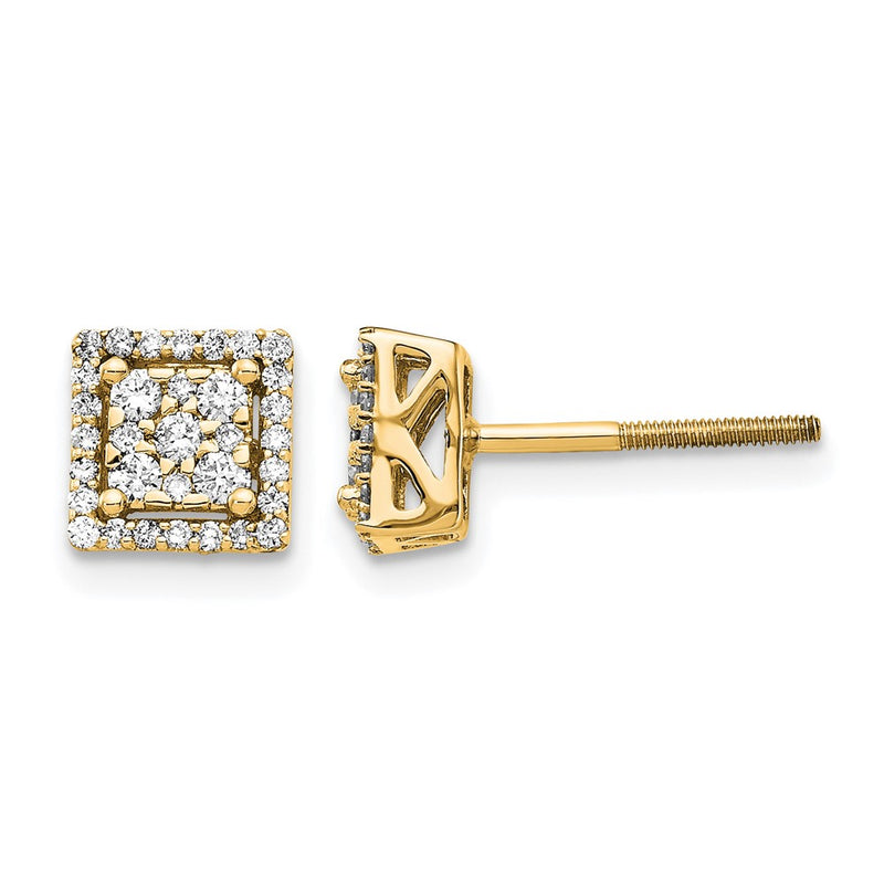 14K Yellow Gold 1/3 carat Diamond Cluster Square Screwback Post Earrings