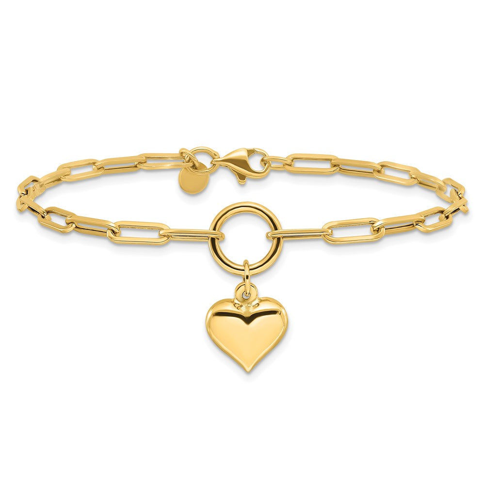 14K Yellow Gold Polished Puffed Heart Dangle Paper Clip Link 7.25 Inch Bracelet