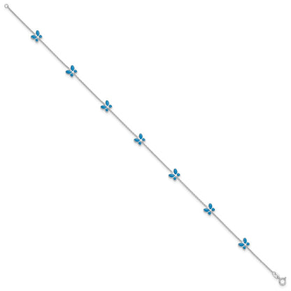 14K White Gold Blue Enameled Butterflies 7-Station 10 Inch Anklet