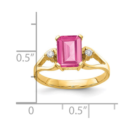 14K Yellow Gold 8x6mm Emerald Cut Pink Tourmaline AA Diamond ring