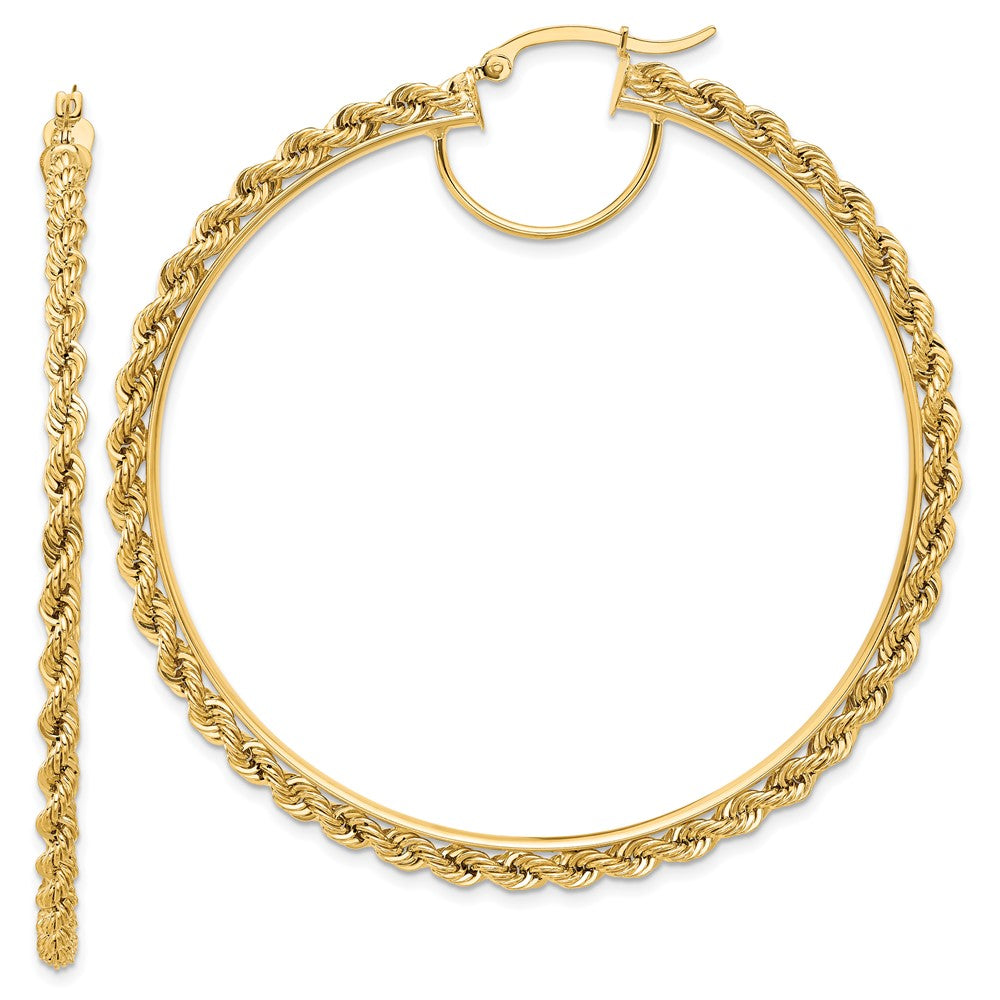 14K Yellow Gold Polished and D/C Rope 2.95mm Hoop Earrings