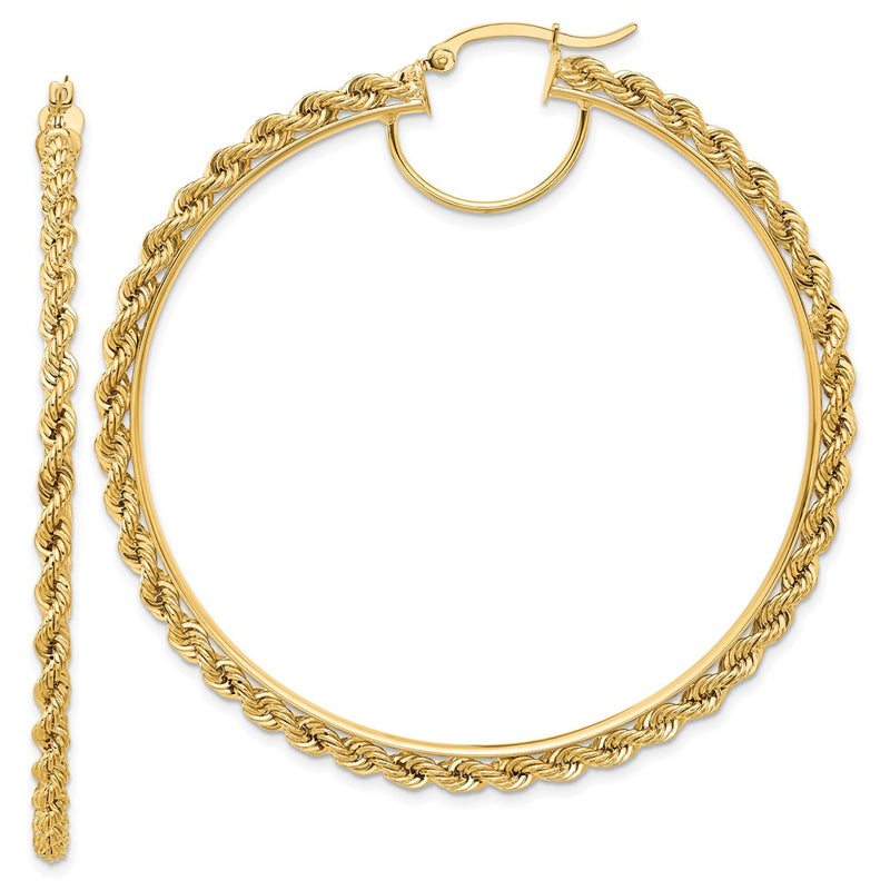 14K Yellow Gold Polished and D/C Rope 2.95mm Hoop Earrings