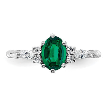 14K White Gold Diamond and 7x5 Oval May/Lab Created Emerald Size 7 Twisted Ring