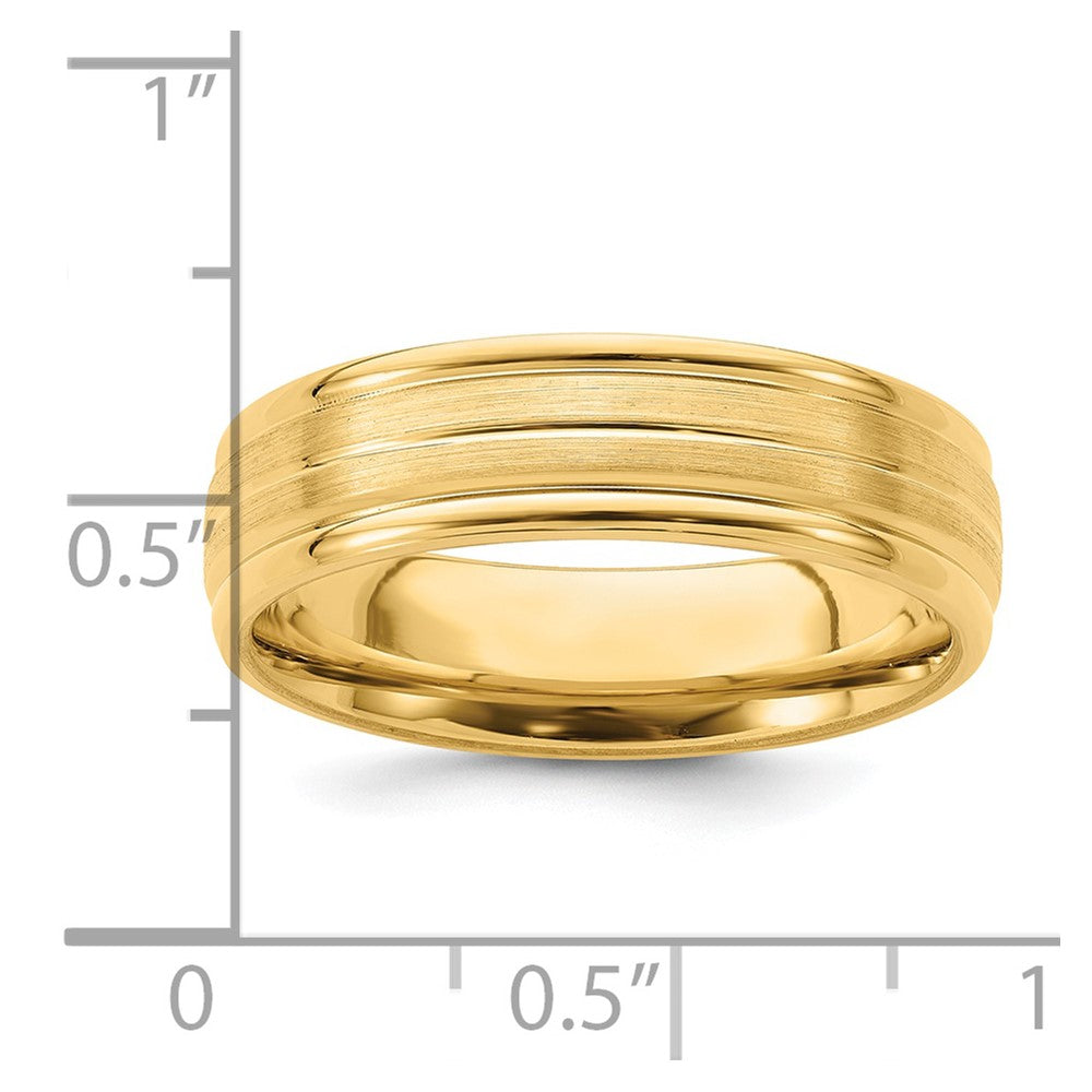 14K Yellow Gold 6mm Standard Weight Comfort Fit Brushed Satin with Center Line Fancy Wedding Band Ring
