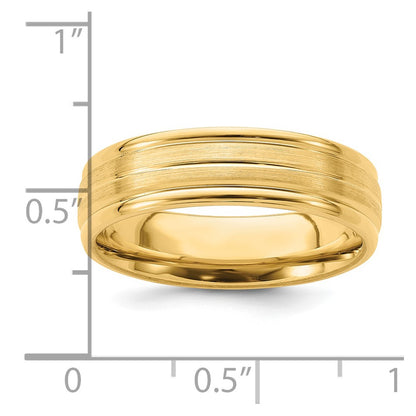 14K Yellow Gold 6mm Standard Weight Comfort Fit Brushed Satin with Center Line Fancy Wedding Band Ring