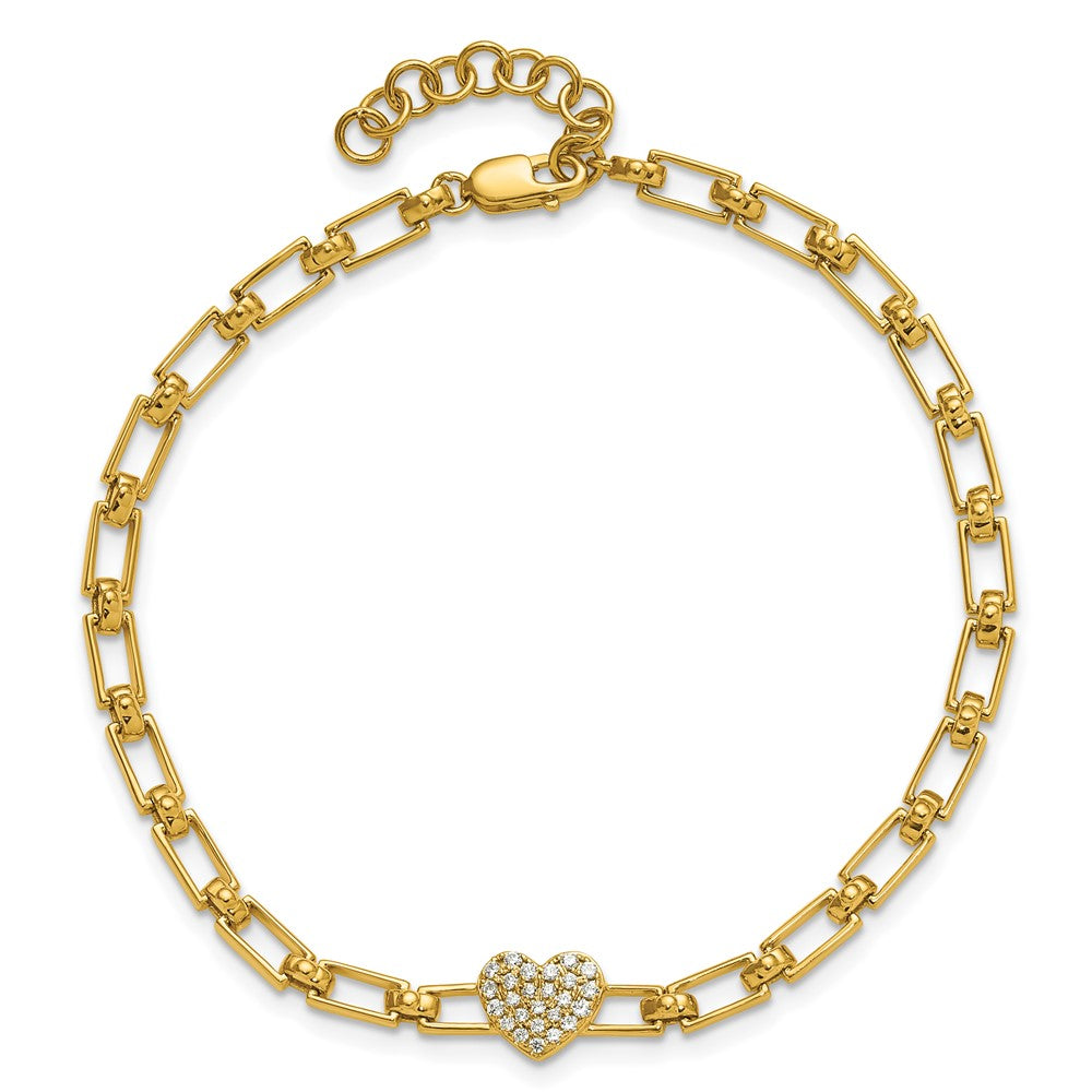 14K Yellow Gold Polished Complete 1/6 carat Diamond Heart Cluster Fancy Link 7 Inch Bracelet with 1 Inch Extender