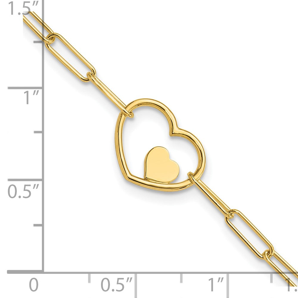14K Yellow Gold Double Hearts and Paperclip Links Chain Bracelet