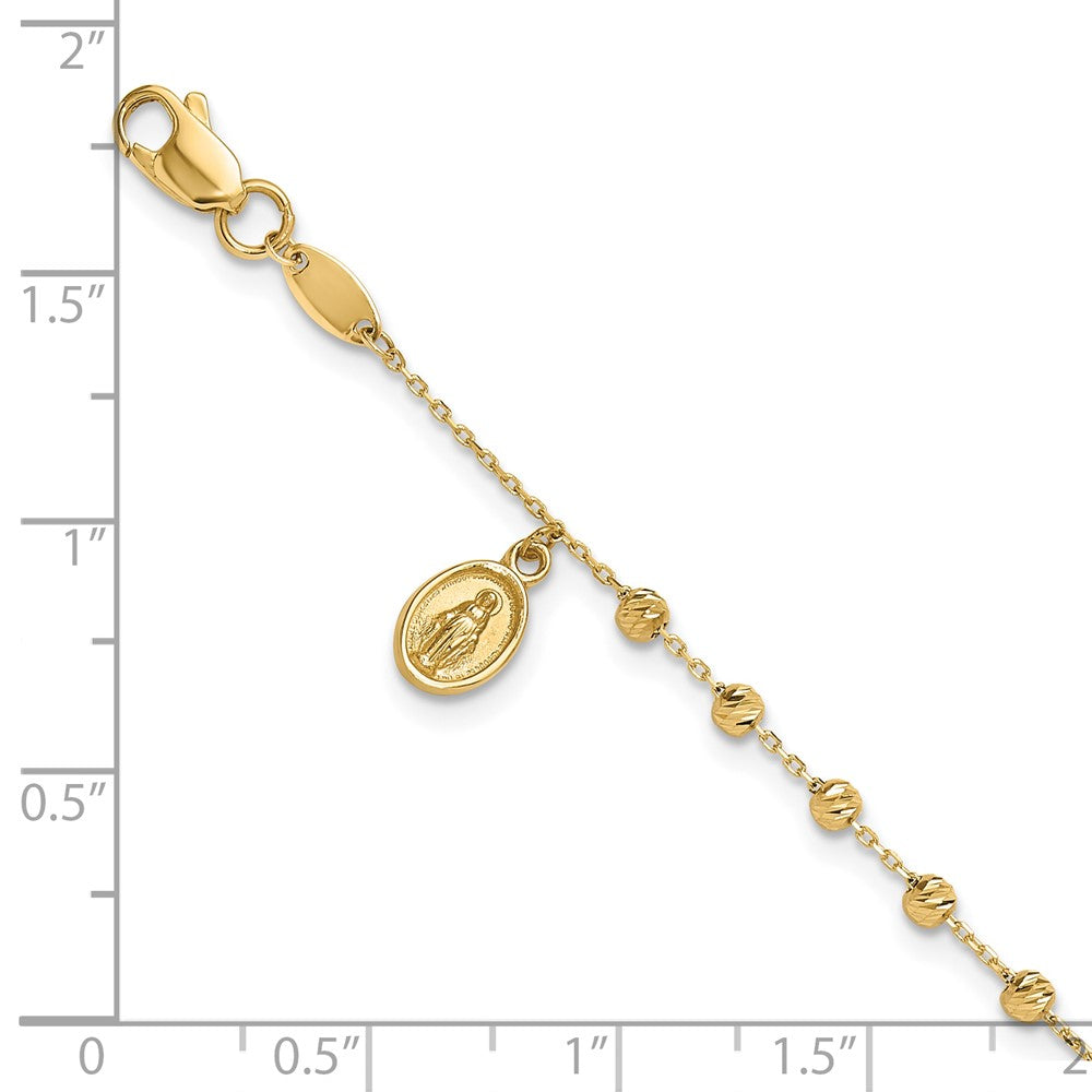 14K Yellow Gold Polished and Diamond-cut Miraculous Medal and Cross 7.5 Inch Rosary Bracelet