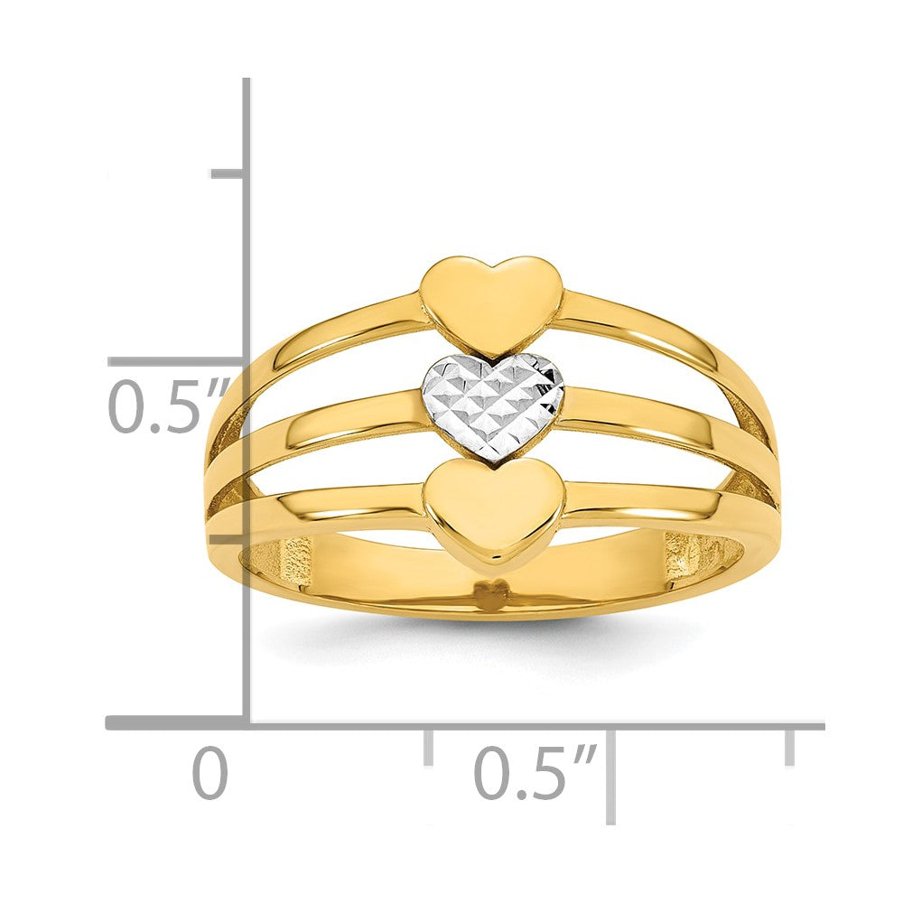 14K Yellow Gold with Rhodium Polished and Diamond-cut Three Hearts Size 7 Ring