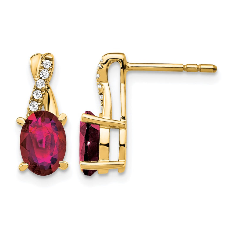 14K Yellow Gold 7x5 Oval July/Lab Created Ruby and Diamond Post Earrings