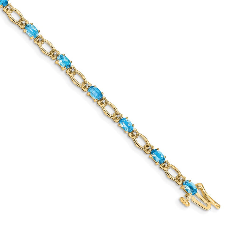 14K Yellow Gold Complete Diamond and Oval Swiss Blue Topaz Heart Accent 7 Inch Bracelet
