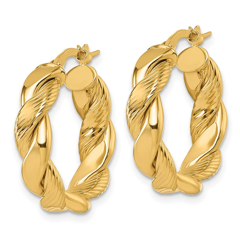 14K Yellow Gold Polished and Textured Twisted 5.00mm x 20mm Round Tube Hoop Earrings