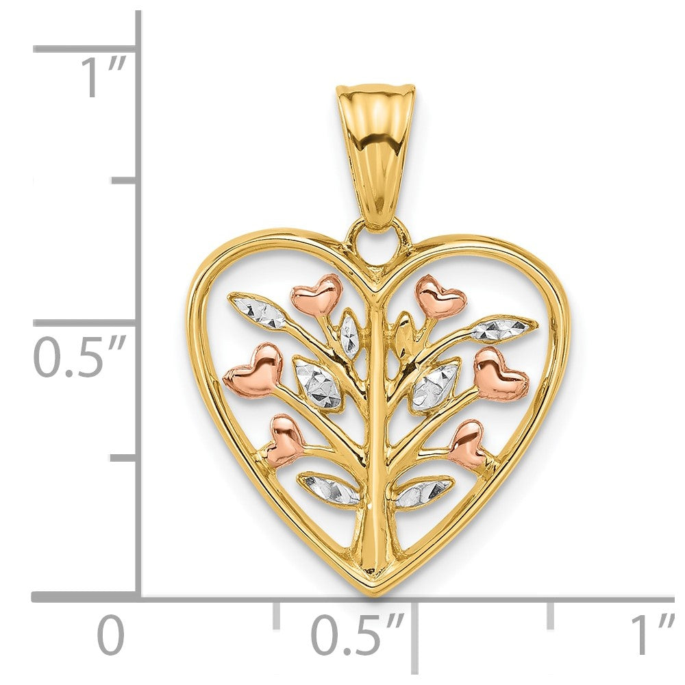 14K Yellow Gold -plated and Rhodium Diamond-cut Tree in Heart Pendant
