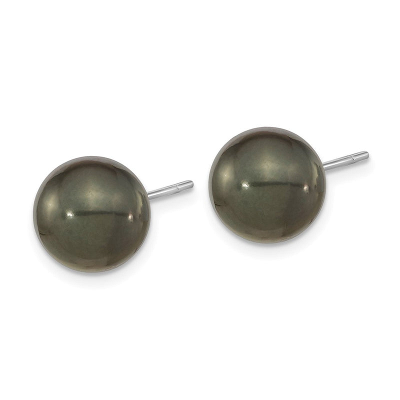 14K White Gold 10-11mm Black Round Tahitian Saltwater Cultured Pearl Post Earrings