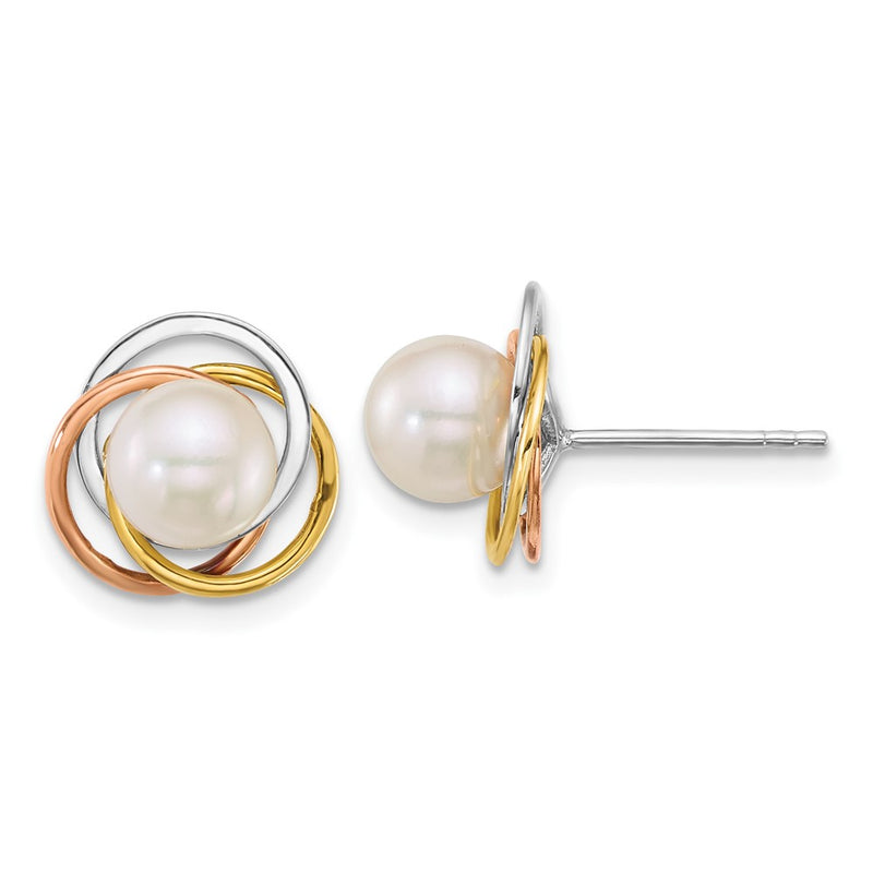 14K Tri-Color Gold Tri-color Polished 6-7mm Round South Sea Saltwater Cultured Pearl Love Knot Post Earrings