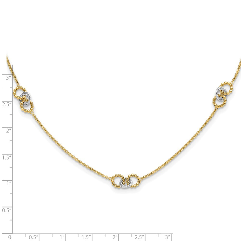14K Two-Tone Gold Two-tone Linked and Beaded Circles 3-Station 16 Inch Necklace Plus 2 Inch Extender