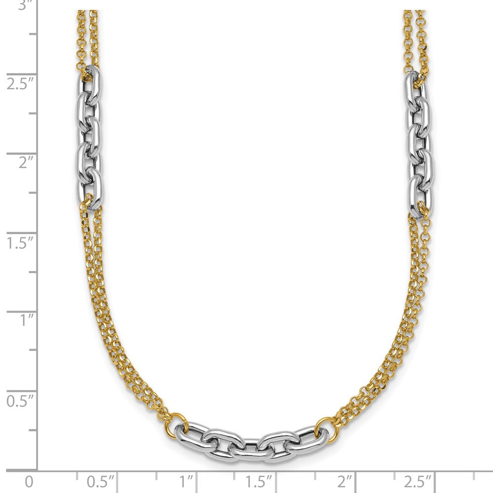 14K Two-Tone Gold Polished 4.8mm Fancy Oval Link and Double Strand Chain 17 Inch Necklace Plus 2 Inch Extender